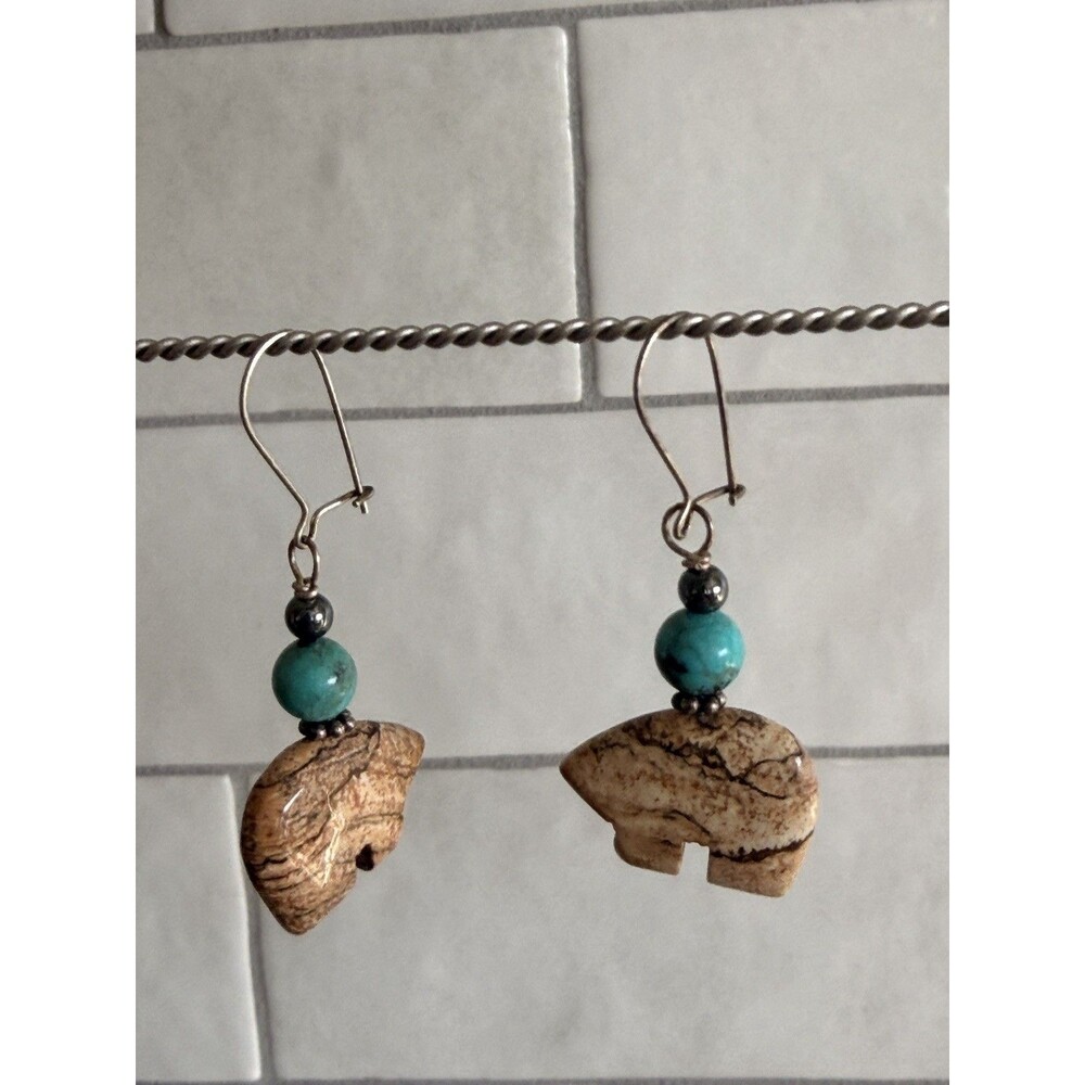 Native bear stone turquoise earrings 925 Sterling Silver Navajo